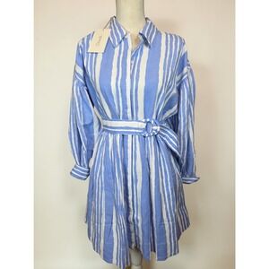 Cleobella - Tiana Mini Dress Size Medium Blue Cotton Linen Belted Stripe Nwt